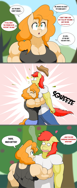 Size: 2147x5241 | Tagged: safe, artist:matchstickman, derpibooru import, bright mac, pear butter, anthro, earth pony, abs, bear hug, breasts, busty pear butter, clothes, deltoids, dialogue, female, hug, husband and wife, image, male, matchstickman's pear buffer series, muscles, muscular female, open mouth, pear buffer, pecs, png, speech bubble, this ended in pain