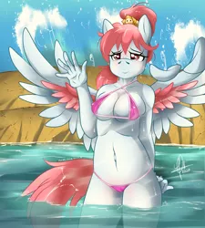 Size: 1800x2000 | Tagged: suggestive, artist:zcomic, derpibooru import, oc, unofficial characters only, anthro, pegasus, unguligrade anthro, belly button, bikini, breasts, clothes, cloud, digital art, erect nipples, female, image, micro bikini, nipple outline, png, sky, solo, solo female, spread wings, swimsuit, tail, thighs, waving, wide hips, wings