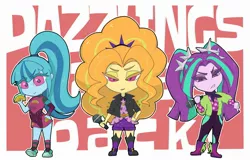 Size: 2311x1476 | Tagged: safe, artist:noupu, derpibooru import, adagio dazzle, aria blaze, sonata dusk, equestria girls, chibi, cute, female, food, hand on hip, image, jpeg, microphone, sonatabetes, sonataco, taco, the dazzlings