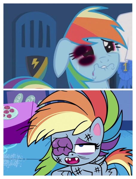 Size: 3106x4096 | Tagged: semi-grimdark, derpibooru import, edit, edited screencap, screencap, rainbow dash, pegasus, pony, my little pony: pony life, parental glideance, spoiler:pony life s02e11, abuse, abuse edit, black eye, dashabuse, image, jpeg, op is a duck, planet of the apps