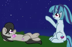 Size: 760x492 | Tagged: safe, artist:jadethepegasus, derpibooru import, octavia melody, sonata dusk, earth pony, unicorn, cute, duo, female, image, lesbian, png, shipping, sontavia, stars