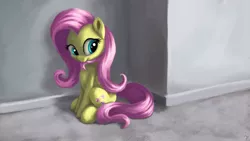 Size: 4000x2250 | Tagged: safe, artist:flusanix, derpibooru import, fluttershy, pegasus, pony, biting, cute, female, hair bite, image, mare, mouth hold, png, shyabetes, sitting, solo