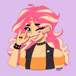 Size: 2048x2048 | Tagged: safe, artist:twiskielulamoon, derpibooru import, sunset shimmer, equestria girls, bracelet, bust, choker, clothes, ear piercing, earring, eyelashes, female, grin, image, jewelry, jpeg, lipstick, nail polish, one eye closed, piercing, signature, simple background, smiling, solo, spiked choker, spiked wristband, tattoo, vest, wink, wristband