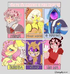 Size: 1600x1700 | Tagged: safe, artist:localgoaty, derpibooru import, angel bunny, fluttershy, anthro, bird, pegasus, pony, rabbit, six fanarts, :o, adventure time, angry, animal, animatronic, anthro with ponies, blushing, bowtie, chest fluff, clothes, colored hooves, cross-popping veins, crossed arms, crossover, cuphead, disembodied hand, doki doki literature club, eyes closed, female, five nights at freddy's, flower, flower in hair, glitchtrap, gloves, grin, hand, image, jpeg, mare, open mouth, shhh, signature, smiling, waving, wings