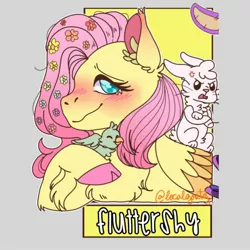 Size: 2048x2048 | Tagged: safe, alternate version, artist:localgoaty, derpibooru import, angel bunny, fluttershy, bird, pegasus, pony, rabbit, angry, animal, blushing, chest fluff, colored hooves, cross-popping veins, crossed arms, eyes closed, female, flower, flower in hair, image, jpeg, mare, signature, smiling, wings