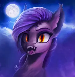 Size: 1500x1543 | Tagged: safe, artist:stdeadra, derpibooru import, oc, bat pony, pony, bat pony oc, bat wings, big ears, big eyes, fangirl, fangs, image, jpeg, moon, night, solo, tooth, wings