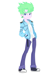Size: 1280x1708 | Tagged: safe, artist:ocean-drop, derpibooru import, oc, oc:precious scales, unofficial characters only, dracony, hybrid, equestria girls, clothes, ear piercing, earring, equestria girls-ified, image, interspecies offspring, jacket, jeans, jewelry, male, offspring, pants, parent:rarity, parent:spike, parents:sparity, piercing, png, simple background, solo, transparent background