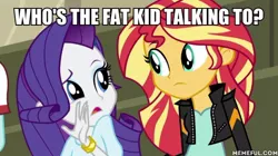 Size: 600x337 | Tagged: safe, derpibooru import, screencap, curly winds, rarity, some blue guy, sunset shimmer, equestria girls, friendship games, caption, image, image macro, jpeg, new student starfish, spongebob squarepants, text