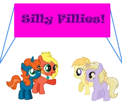Size: 1100x1000 | Tagged: safe, artist:mlp-element, derpibooru import, dinky hooves, noi, oc, oc:angela, oc:rowena, earth pony, pony, unicorn, aura, bowtie, image, logo, magic, open mouth, png, raised leg, silly fillies, simple background, transparent background, vector, walking