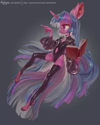 Size: 2000x2500 | Tagged: suggestive, artist:derekireba, derpibooru import, twilight sparkle, anthro, pony, unguligrade anthro, unicorn, book, clothes, image, jpeg, latex, shiny, simple background, socks, solo, thigh highs, unicorn twilight