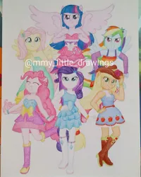 Size: 1079x1349 | Tagged: safe, artist:mmy_little_drawings, derpibooru import, applejack, fluttershy, pinkie pie, rainbow dash, rarity, twilight sparkle, equestria girls, equestria girls (movie), bare shoulders, belt, boots, bracelet, clothes, cowboy boots, cutie mark, cutie mark on clothes, dress, eyes closed, fall formal outfits, female, hairpin, image, jewelry, jpeg, ponied up, shoes, sleeveless, smiling, strapless, wings