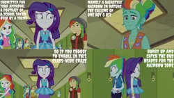 Size: 1280x720 | Tagged: safe, derpibooru import, edit, edited screencap, editor:quoterific, screencap, rainbow dash, rarity, sandalwood, zephyr breeze, best trends forever, equestria girls, equestria girls series, back to back, best trends forever: rainbow dash, bracelet, clothes, cutie mark, cutie mark on clothes, female, geode of shielding, geode of super speed, hallway, hoodie, image, jewelry, lockers, magical geodes, male, open mouth, png, rarity peplum dress, the twilight zone