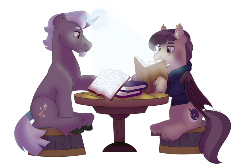 Size: 1280x854 | Tagged: safe, artist:itstechtock, derpibooru import, oc, oc:polished lance, oc:waxing lyrical, unofficial characters only, bat pony, pony, unicorn, image, magic, male, png, simple background, stallion, transparent background