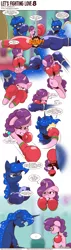 Size: 1300x4608 | Tagged: safe, artist:saturdaymorningproj, derpibooru import, princess luna, sugar belle, alicorn, pony, unicorn, comic:let's fighting love, boxing gloves, comic, glowing horn, hoof shoes, horn, image, magic, png, speech bubble, telekinesis