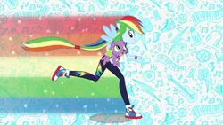 Size: 1920x1080 | Tagged: safe, derpibooru import, screencap, rainbow dash, spike, spike the regular dog, dog, equestria girls, equestria girls series, :p, clothes, converse, cute, cutie mark, cutie mark on clothes, dashabetes, female, hoodie, image, intro, male, open mouth, png, ponied up, rainbow trail, running, shoes, smiling, spikabetes, tongue out