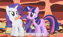 Size: 600x357 | Tagged: safe, derpibooru import, rarity, twilight sparkle, sonic rainboom (episode), animated, book, caption, gif, golden oaks library, image, image macro, library, text