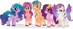 Size: 8592x3500 | Tagged: safe, artist:limedazzle, derpibooru import, hitch trailblazer, izzy moonbow, pipp, sunny starscout, zipp storm, earth pony, pegasus, pony, unicorn, cloven hooves, cutie mark, g5, group, image, png, raised hoof, simple background, smiling, transparent background