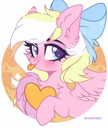 Size: 1698x2001 | Tagged: safe, artist:ekostinoto, derpibooru import, oc, oc:bay breeze, unofficial characters only, pegasus, pony, blushing, bow, chest fluff, cute, ear fluff, female, hair bow, heart, image, jpeg, looking at you, mare, ocbetes, signature, solo, tongue out