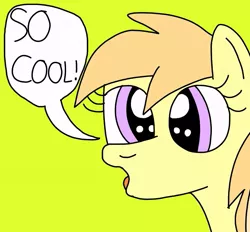 Size: 753x698 | Tagged: safe, artist:yorkyloves, derpibooru import, noi, earth pony, pony, :o, background pony, female, filly, image, jpeg, o, o mouth, open mouth, simple background, so cool, speech bubble, yellow background