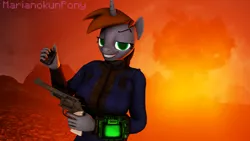 Size: 3840x2160 | Tagged: safe, artist:marianokun, derpibooru import, oc, oc:littlepip, unofficial characters only, anthro, unicorn, fallout equestria, 3d, 4k, anthro oc, atomic bomb, clothes, evil grin, explosion, faic, grin, gun, handgun, happy, image, little macintosh, nuclear explosion, nuclear weapon, pda, png, remake, revolver, smiling, source filmmaker, vault suit, weapon