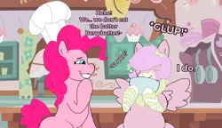 Size: 1371x787 | Tagged: safe, artist:hooverlover, derpibooru import, pinkie pie, oc, oc:berrybutter bliss, earth pony, pegasus, pony, ascot, baking, batter, bow, bowl, cake batter, chef's hat, chubby, clothes, cute, eating, fat, female, food, giggling, hat, image, kitchen, mare, my little harem, png, socks, wings
