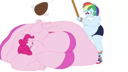 Size: 1024x576 | Tagged: suggestive, artist:jamesawilliams1996, artist:neongothic, derpibooru import, pinkie pie, rainbow dash, series:twilight and pinkie's weight problems, equestria girls, bbw, belly, belly button, big belly, big breasts, bingo wings, blob, breasts, busty pinkie pie, butt, butt crack, chocolate, chocolate egg, chubby, chubby cheeks, clothes, double chin, easter egg, eyes closed, fat, fat boobs, female, females only, food, gritted teeth, huge belly, huge breasts, huge butt, image, immobile, impossibly large belly, impossibly large breasts, impossibly large butt, impossibly large everything, jpeg, large belly, large butt, morbidly obese, obese, piggy pie, pudgy pie, rainblob dash, ssbbw, string, swinging, teasing, too fat, too fat to move, underwear