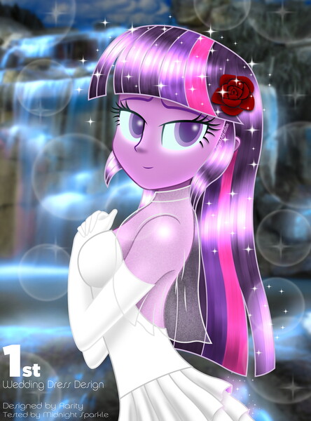 Size: 2000x2700 | Tagged: safe, artist:aryatheeditor, derpibooru import, sci-twi, twilight sparkle, equestria girls, bare shoulders, beautiful, bedroom eyes, bust, clothes, cute, digital art, dress, evening gloves, female, flower, gloves, glow, glowing eyes, image, jpeg, long gloves, looking at you, midnight sparkle, midnightabetes, mountain, night, outfit, reformed villain, rose, sleeveless, sleeveless turtleneck, smiling, twiabetes, waterfall, wedding dress