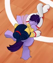 Size: 2955x3496 | Tagged: safe, artist:einboph, derpibooru import, oc, oc:soft step, pony, clothes, female, femdom, headscissors, image, male, mare, png, socks, sports, stallion, story included, submission, tapping, wrestling