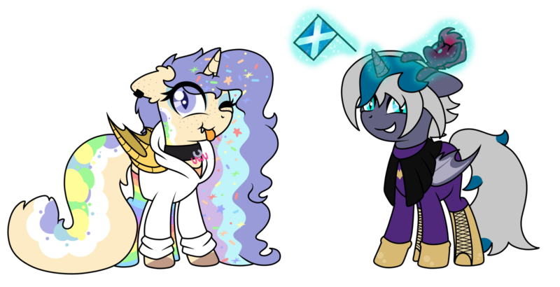 Size: 2421x1242 | Tagged: safe, artist:kb-gamerartist, derpibooru import, tempest shadow, oc, oc:elizabat stormfeather, oc:mish-mash, unofficial characters only, alicorn, bat pony, bat pony alicorn, pony, derpibooru community collaboration, 2021 community collab, :p, alicorn oc, amputee, artificial wings, augmented, bat pony oc, bat wings, batgirl, boots, broken horn, canon x oc, cape, clothes, collar, dc comics, derpibooru exclusive, duo, ear piercing, earring, eyeshadow, fangs, female, flag, freckles, gloves, glowing horn, grin, hoodie, horn, image, jewelry, lesbian, levitation, magic, makeup, mare, markings, national flag, one eye closed, piercing, plushie, png, prosthetic limb, prosthetic wing, prosthetics, rainbow socks, scotland, shipping, shirt, shoes, simple background, smiling, socks, stormshadow, striped socks, t-shirt, telekinesis, tongue out, transparent background, uwu, wings, wink