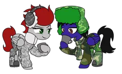 Size: 2117x1296 | Tagged: safe, artist:kb-gamerartist, derpibooru import, oc, oc:paladin colt, oc:sharps eye, unofficial characters only, pegasus, pony, derpibooru community collaboration, 2021 community collab, boots, camouflage, clothes, derpibooru exclusive, drinking, duo, earmuffs, female, hat, hoof hold, image, jacket, male, mare, mug, png, raised hoof, scarf, shoes, simple background, socks, stallion, stockings, sweater, thigh highs, transparent background
