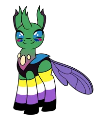 Size: 1120x1416 | Tagged: safe, artist:kb-gamerartist, derpibooru import, oc, oc:devulsa, unofficial characters only, changedling, changeling, derpibooru community collaboration, 2021 community collab, bisexual pride flag, changedling oc, changeling oc, derpibooru exclusive, face paint, image, nonbinary, nonbinary pride flag, png, pride, pride flag, simple background, transparent background