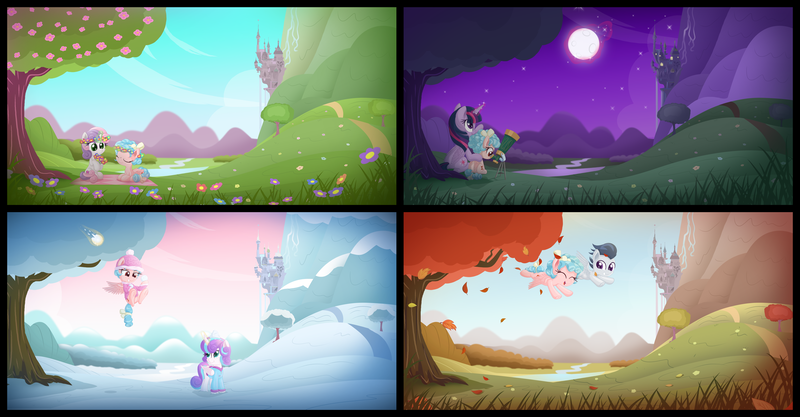 Size: 9249x4816 | Tagged: safe, artist:vito, cozy glow, princess flurry heart, rumble, sweetie belle, twilight sparkle, twilight sparkle (alicorn), alicorn, pegasus, pony, unicorn, a better ending for cozy, autumn, canterlot, colt, cover art, eyes closed, fanfic art, female, filly, flower, four seasons, glowing horn, horn, image, leaves, magic, male, night, open mouth, png, pointing, sitting, smiling, snow, spread wings, spring, summer, telekinesis, tree, wings, winter