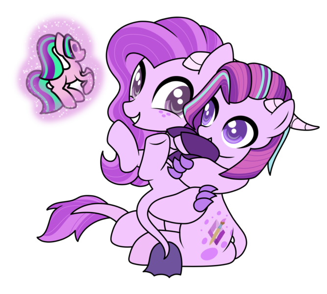 Size: 1387x1248 | Tagged: safe, artist:kb-gamerartist, derpibooru import, aria blaze, oc, oc:amethyst melody, oc:crystal splash, ponified, unofficial characters only, dracony, dragon, hybrid, pony, derpibooru community collaboration, 2021 community collab, clothes, derpibooru exclusive, equestria girls ponified, female, freckles, grin, hoodie, horns, image, levitation, magic, magical lesbian spawn, mother and child, mother and daughter, multicolored hair, offspring, parent:aria blaze, parent:oc:crysta splash, parents:canon x oc, plushie, png, raised hoof, simple background, sitting, smiling, telekinesis, transparent background