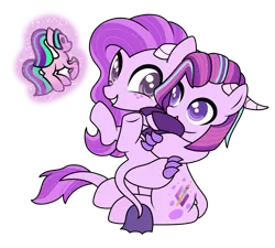 Size: 1387x1248 | Tagged: safe, artist:kb-gamerartist, derpibooru import, aria blaze, oc, oc:amethyst melody, oc:crystal splash, ponified, unofficial characters only, dracony, dragon, hybrid, pony, derpibooru community collaboration, 2021 community collab, clothes, derpibooru exclusive, equestria girls ponified, female, freckles, grin, hoodie, horns, image, levitation, magic, magical lesbian spawn, mother and child, mother and daughter, multicolored hair, offspring, parent:aria blaze, parent:oc:crysta splash, parents:canon x oc, plushie, png, raised hoof, simple background, sitting, smiling, telekinesis, transparent background