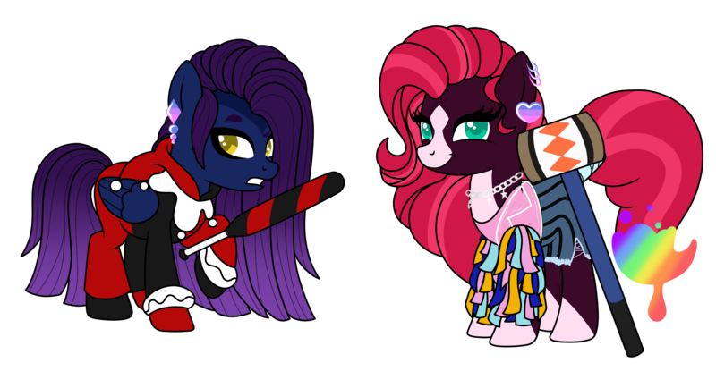 Size: 2230x1211 | Tagged: safe, artist:kb-gamerartist, derpibooru import, oc, oc:painted lilly, oc:velvet gloom, unofficial characters only, earth pony, pegasus, pony, derpibooru community collaboration, 2021 community collab, baseball bat, batman, bisexual pride flag, chains, clothes, cosplay, costume, dc comics, derpibooru exclusive, ear piercing, earring, female, gloves, hammer, harley quinn, heart, image, jester, jewelry, mallet, mare, markings, necklace, piercing, png, pride, pride flag, raised hoof, shirt, shrts, simple background, t-shirt, transparent background