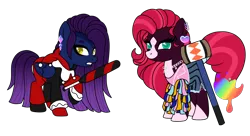 Size: 2230x1211 | Tagged: safe, artist:kb-gamerartist, derpibooru import, oc, oc:painted lilly, oc:velvet gloom, unofficial characters only, earth pony, pegasus, pony, derpibooru community collaboration, 2021 community collab, baseball bat, batman, bisexual pride flag, chains, clothes, cosplay, costume, dc comics, derpibooru exclusive, ear piercing, earring, female, gloves, hammer, harley quinn, heart, image, jester, jewelry, mallet, mare, markings, necklace, piercing, png, pride, pride flag, raised hoof, shirt, shrts, simple background, t-shirt, transparent background