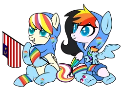 Size: 1731x1284 | Tagged: safe, artist:kb-gamerartist, derpibooru import, rainbow dash, oc, oc:qilala, oc:rainbow noir, unofficial characters only, pegasus, pony, derpibooru community collaboration, 2021 community collab, clothes, derpibooru exclusive, duo, female, flag, grin, hijab, hoodie, hoof hold, image, islam, malaysia, mare, multicolored hair, national flag, plushie, png, rainbow hair, raised hoof, simple background, sitting, smiling, socks, transparent background
