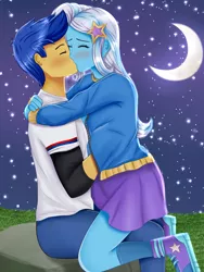 Size: 1500x2000 | Tagged: suggestive, artist:focusb, derpibooru import, flash sentry, trixie, equestria girls, equestria girls series, beautiful, blushing, clothes, crescent moon, eyes closed, female, grass, grope, holding, image, imminent sex, jpeg, kissing, male, moon, night, night sky, romantic, sentrixie, shipping, shoes, sky, stars, straight, touch