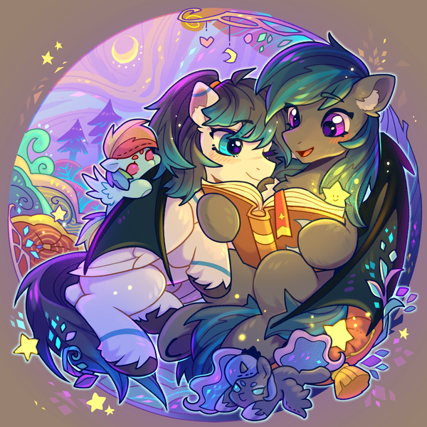 Size: 1700x1700 | Tagged: safe, artist:九枭, derpibooru import, princess luna, rainbow dash, oc, oc:jason, oc:nocturne star, bat pony, pegasus, pony, bat pony oc, bat wings, blue mane, couple, forest, forest background, grey fur, hug, image, love, male, night, oc x oc, pegasus oc, png, purple eyes, reading, shipping, stallion, stars, tree, wings