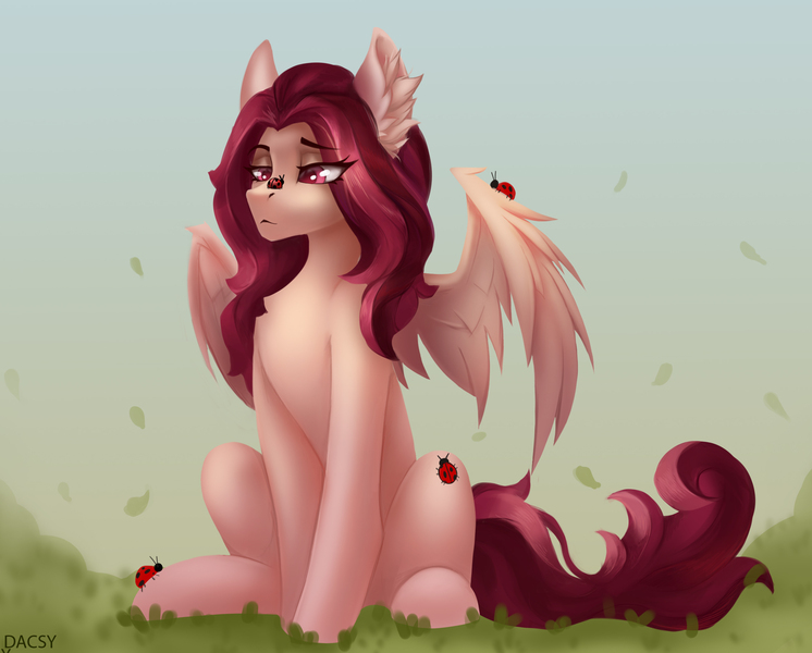 Size: 2565x2064 | Tagged: safe, artist:dacsy, derpibooru import, oc, oc:crimm harmony, unofficial characters only, insect, ladybug, pegasus, pony, ear fluff, eye clipping through hair, female, image, jpeg, lidded eyes, mare, sitting, solo, spread wings, wings