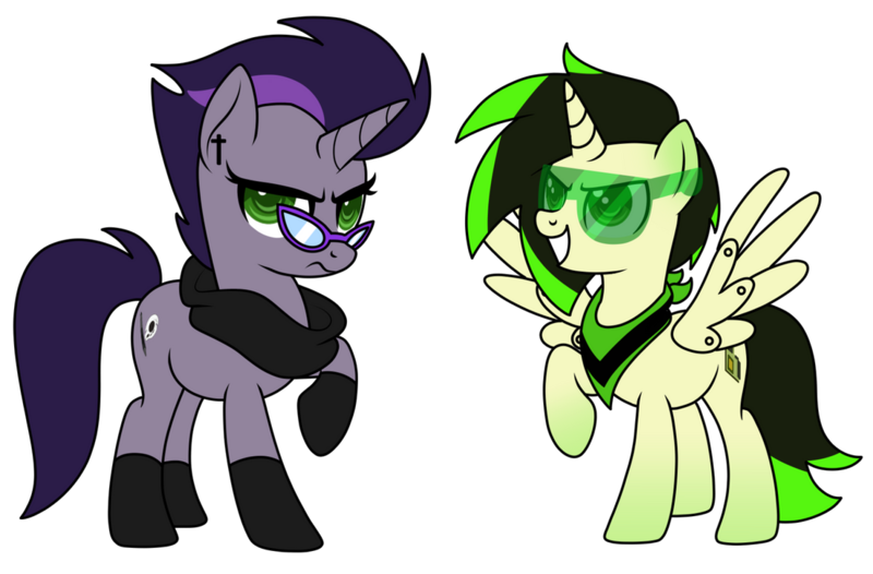 Size: 1102x725 | Tagged: safe, artist:kb-gamerartist, derpibooru import, oc, oc:lennon black, oc:wave tech, unofficial characters only, alicorn, cyborg, pony, unicorn, derpibooru community collaboration, 2021 community collab, alicorn oc, bandana, clothes, derpibooru exclusive, duo, ear piercing, earring, female, glasses, horn, image, jewelry, male, mare, piercing, png, scarf, simple background, socks, stallion, sunglasses, transparent background, wings