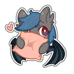 Size: 1500x1500 | Tagged: safe, artist:new leaf, derpibooru import, oc, oc:nocturne star, bat pony, pony, bat pony oc, bat wings, blue mane, blushing, cute, fluffy, grey fur, image, male, pillow, png, purple eyes, solo, stallion, sticker, wings