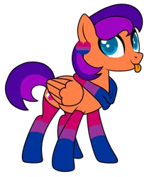 Size: 1026x1224 | Tagged: safe, artist:kb-gamerartist, deleted from derpibooru, derpibooru import, oc, oc:jade the pegasus, unofficial characters only, pegasus, pony, derpibooru community collaboration, 2021 community collab, :p, bisexual pride flag, clothes, derpibooru exclusive, ear piercing, earring, female, heart, image, jewelry, mare, piercing, png, pride, pride flag, scarf, simple background, socks, solo, striped socks, tongue out, transparent background