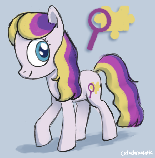 Size: 863x879 | Tagged: safe, artist:catachromatic, derpibooru import, puzzlemint, earth pony, pony, alternate hairstyle, colored pupils, colored sketch, cutie mark, derpibooru exclusive, g3, g3 to g4, generation leap, image, png, redesign, signature, simple background, solo