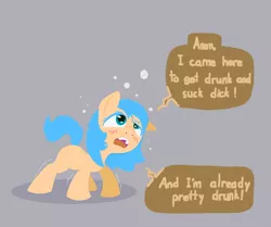 Size: 1480x1235 | Tagged: suggestive, artist:happy harvey, derpibooru import, oc, oc:little league, earth pony, pony, blushing, dialogue, drawn on phone, drunk, drunk bubbles, duke nukem, female, filly, image, implied blowjob, implied foalcon, implied oral, implied sex, looking up, open mouth, png, raised tail, shaking, simple background, tail, underage, vulgar, yelling