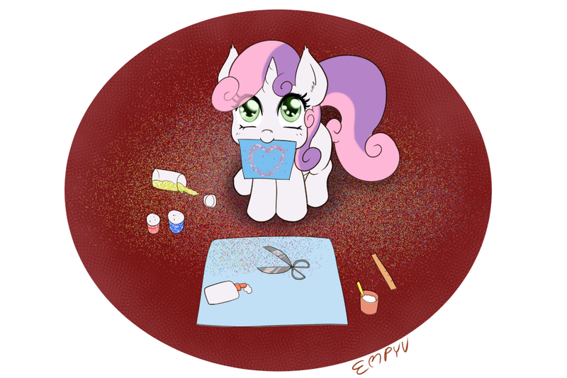Size: 1000x667 | Tagged: safe, artist:empyu, derpibooru import, sweetie belle, pony, unicorn, 30 minute art challenge, abstract background, cute, diasweetes, glitter, glue, image, mouth hold, png, scissors, simple background