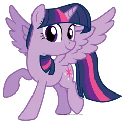 Size: 2053x2000 | Tagged: safe, artist:ravenevert, derpibooru import, twilight sparkle, twilight sparkle (alicorn), alicorn, pony, cute, female, image, looking at you, mare, one hoof raised, png, show accurate, simple background, smiling, solo, spread wings, transparent background, twiabetes, wings