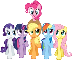 Size: 8000x6635 | Tagged: safe, artist:dragnmastralex, derpibooru import, applejack, fluttershy, pinkie pie, rainbow dash, rarity, twilight sparkle, earth pony, pegasus, pony, unicorn, a friend in deed, female, image, looking down, looking up, mane six, mare, one hoof raised, open mouth, png, ponies riding ponies, riding, simple background, smile song, smiling, transparent background, vector, walking