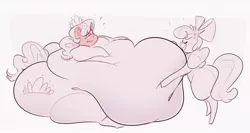 Size: 1199x639 | Tagged: suggestive, artist:secretgoombaman12345, derpibooru import, apple bloom, diamond tiara, earth pony, pony, belly, belly hug, big belly, bingo wings, blushing, blushing profusely, butt, chubby diamond, duo, duo female, eyes closed, fat, female, huge belly, huge butt, image, impossibly large belly, impossibly large butt, jpeg, large butt, morbidly obese, obese, sitting, smiling, thighs, thunder thighs
