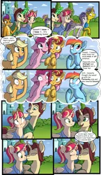 Size: 2480x4288 | Tagged: safe, artist:kozachokzrotom, author:bigonionbean, derpibooru import, applejack, pinkie pie, rainbow dash, smolder, sunset shimmer, oc, oc:king calm merriment, oc:queen motherly morning, alicorn, crystal pony, dragon, earth pony, pegasus, pony, unicorn, comic:couple of the crystal empire, alicorn oc, alicorn princess, blushing, clothes, comic, commissioner:bigonionbean, crystal empire, cutie mark, dialogue, dragoness, embarrassed, female, fusion, fusion:king calm merriment, fusion:queen motherly morning, goggles, horn, husband and wife, image, kissing, magic, male, mare, png, royalty, shocked, shocked expression, stallion, thought bubble, uniform, wings, wonderbolt trainee uniform